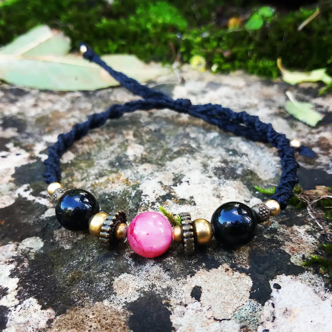 Bracelet noir Jade rose & Obsidienne